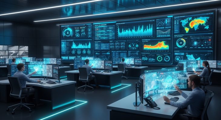 Control Room Analytics Dashboard Showing Real-Time Monitoring and Security Metrics