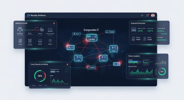 Security Solutions dashboard showing network protection, endpoint security, and cloud monitoring