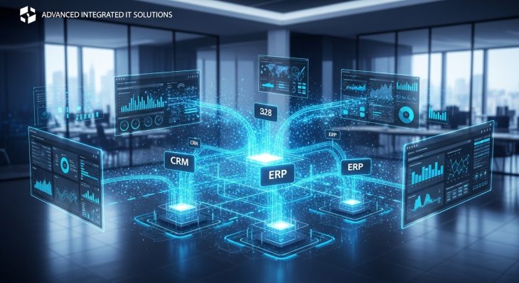 Advanced Integrated IT Solutions dashboard with connected systems and real-time data flow
