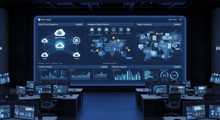 Enterprise Technology transformation dashboard with cloud, analytics, and smart infrastructure visualization