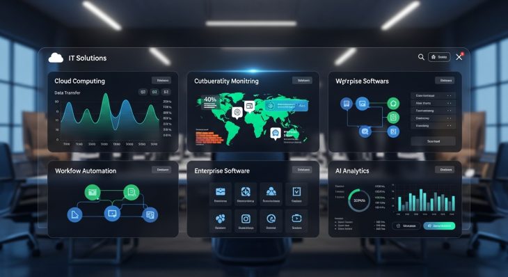 Advanced IT Solutions dashboard showing cloud infrastructure, security analytics, and enterprise workflows