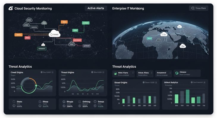 Security Solutions dashboard showing network protection, endpoint security, and cloud monitoring