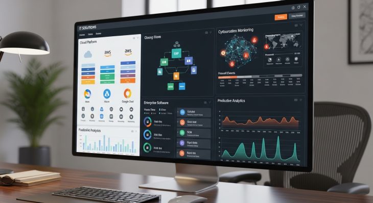 IT Solutions dashboard showing cloud infrastructure, enterprise applications, and cybersecurity analytics