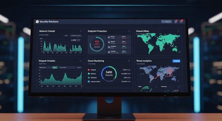 Security Solutions dashboard showing network security, endpoint protection, and cloud monitoring