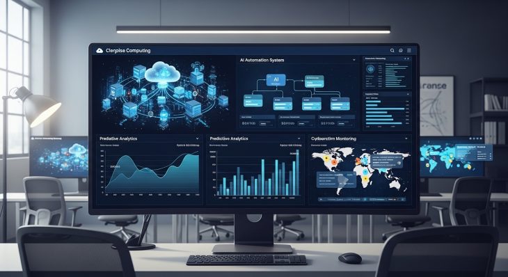 Technology dashboard showing cloud infrastructure, AI automation, and enterprise analytics