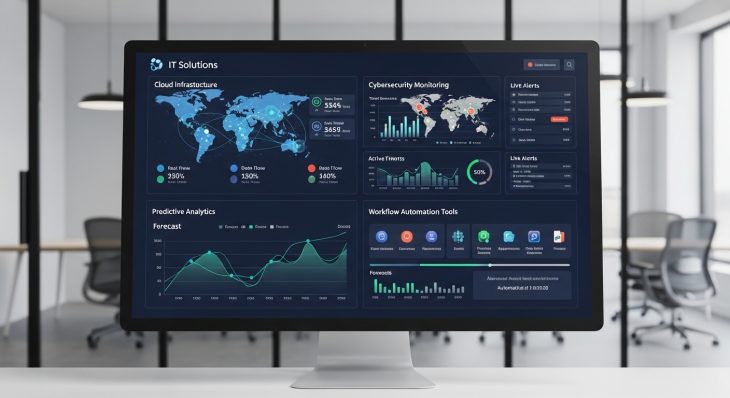 : IT Solutions dashboard with cybersecurity and cloud infrastructure insights