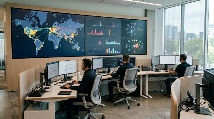 Cybersecurity operations room with security alerts and network maps.