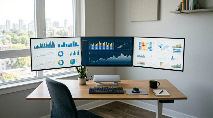 Modern workspace with digital analytics dashboards and clean minimal design.