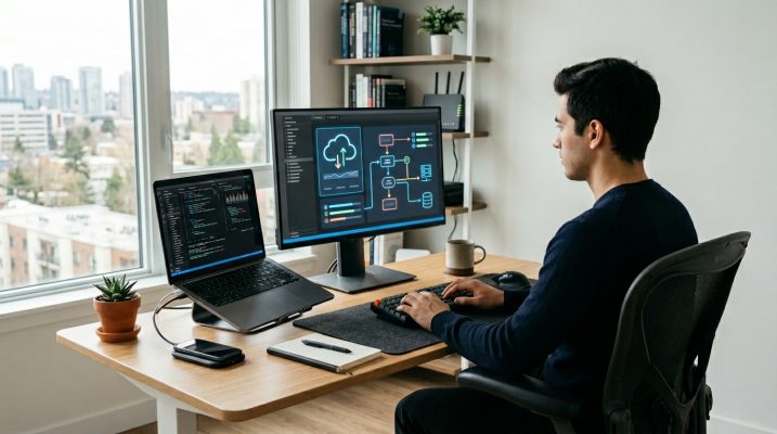 Modern tech workspace with digital screens, cloud icons, and automation elements.