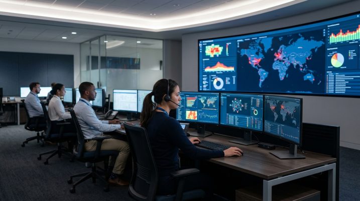 Corporate security operations center with analysts monitoring dashboards
