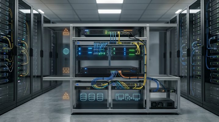 Network architecture with segmented zones and layered firewall protection.