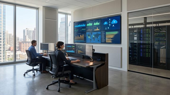 Modern IT operations room with integrated screens, servers, and cloud systems.