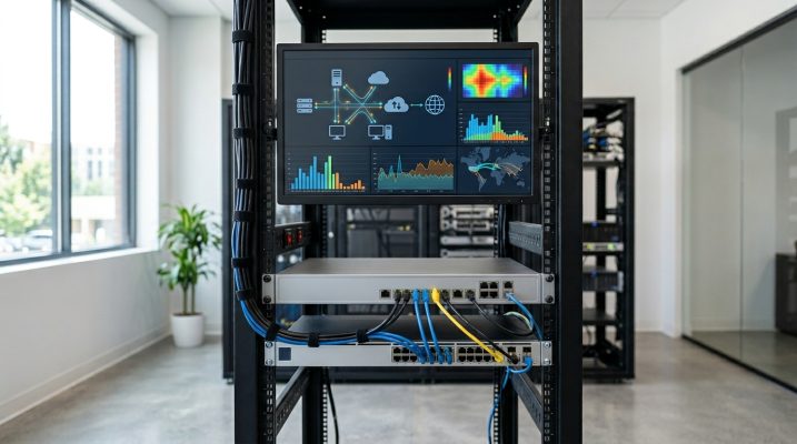 Modern network security setup with a firewall device and digital traffic visualization.