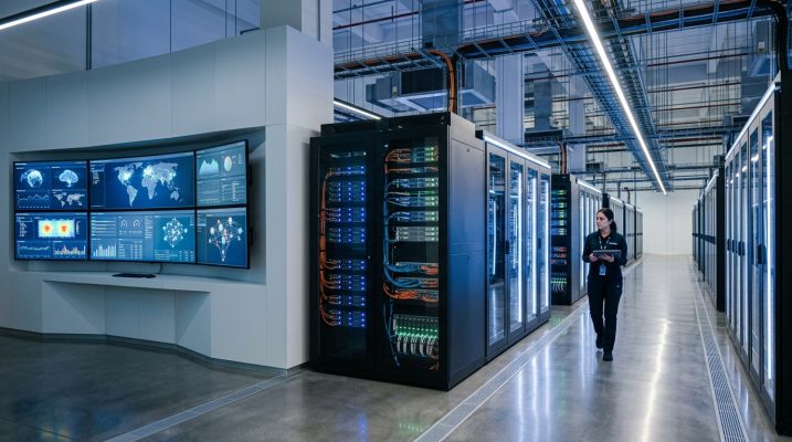 High tech infrastructure environment with servers, cloud visuals, and monitoring screens.