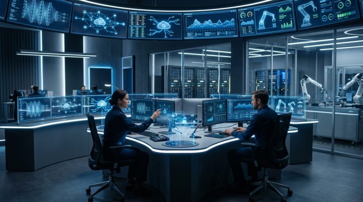 High tech environment with AI interfaces, cloud elements, and automation visuals.